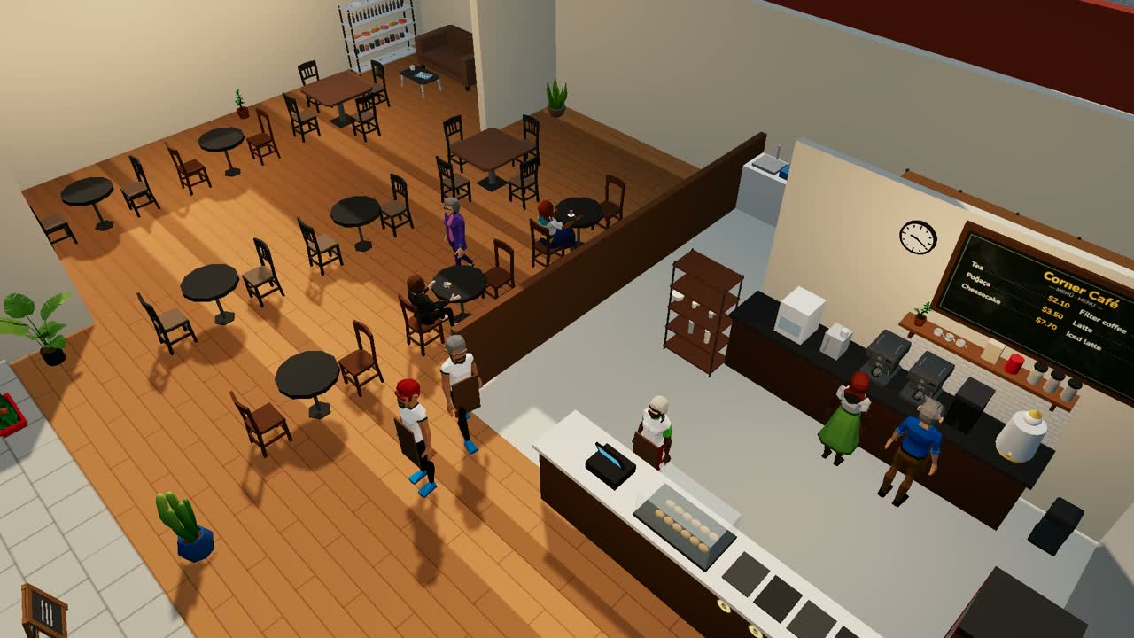 Business Empire: kafenin içi, masalarda müşteriler, tezgâhta barista ve kasiyer